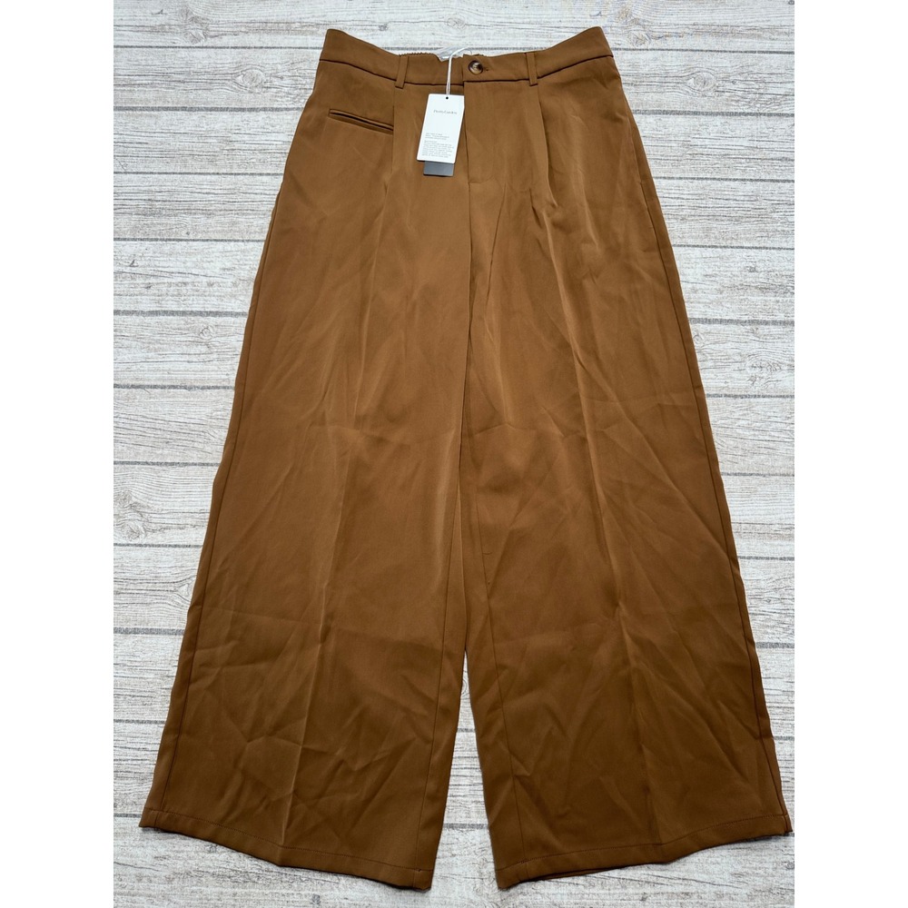 NEW Pretty Garden Pants Women's Large Brown Pleated High Waist Wide Leg Trousers